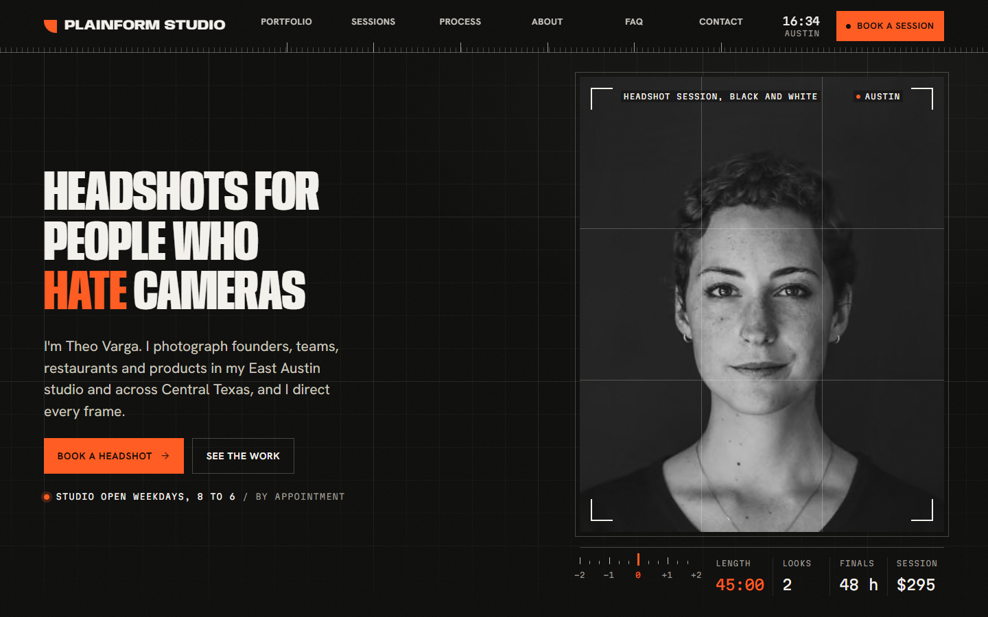 The Plainform Studio demo home page: Headshots for people who hate cameras, in bold white and orange type on black beside a black-and-white portrait in a viewfinder.