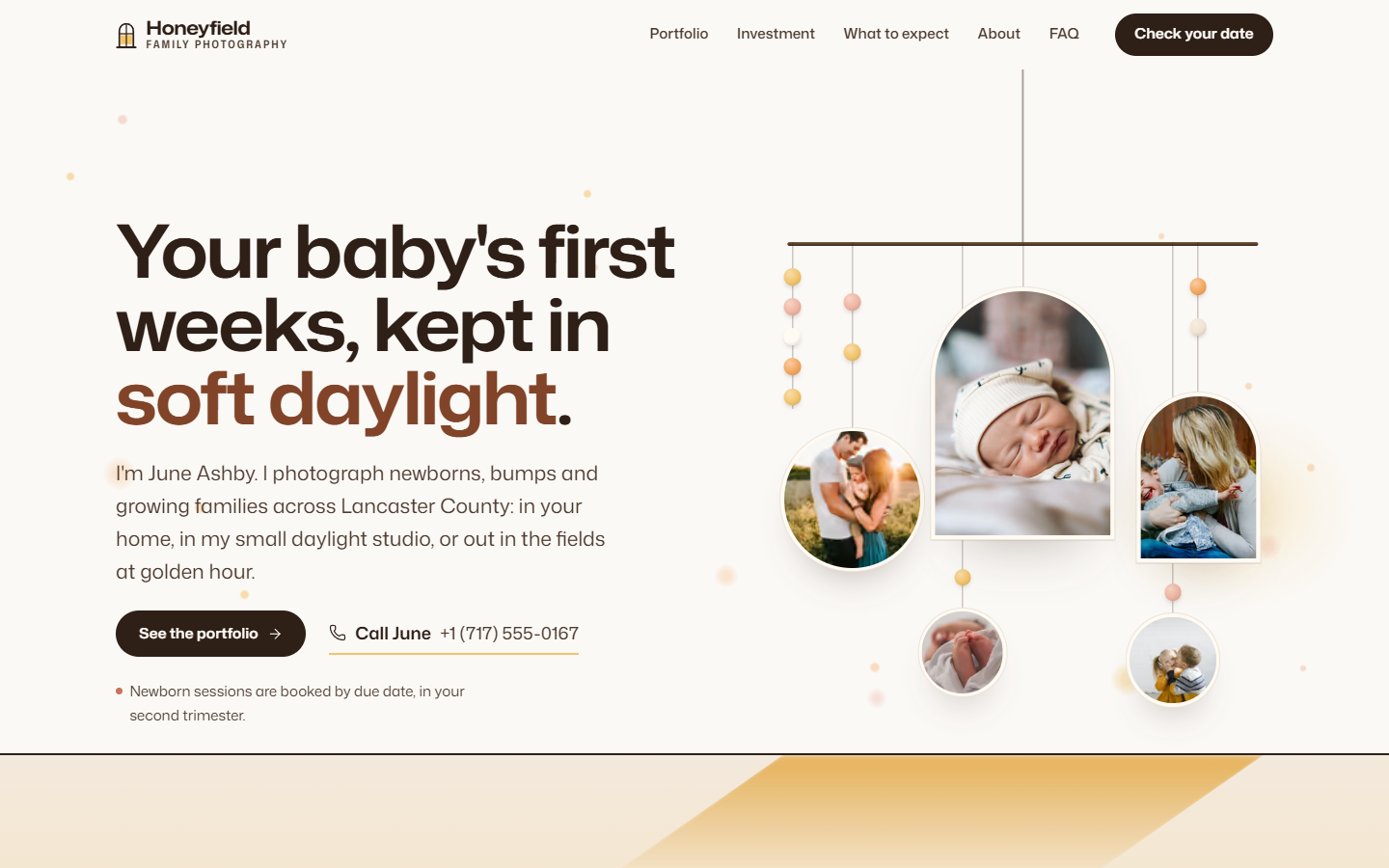 The Honeyfield Family Photography demo home page: Your baby's first weeks, kept in soft daylight, beside a nursery mobile hung with round and arched family photos.