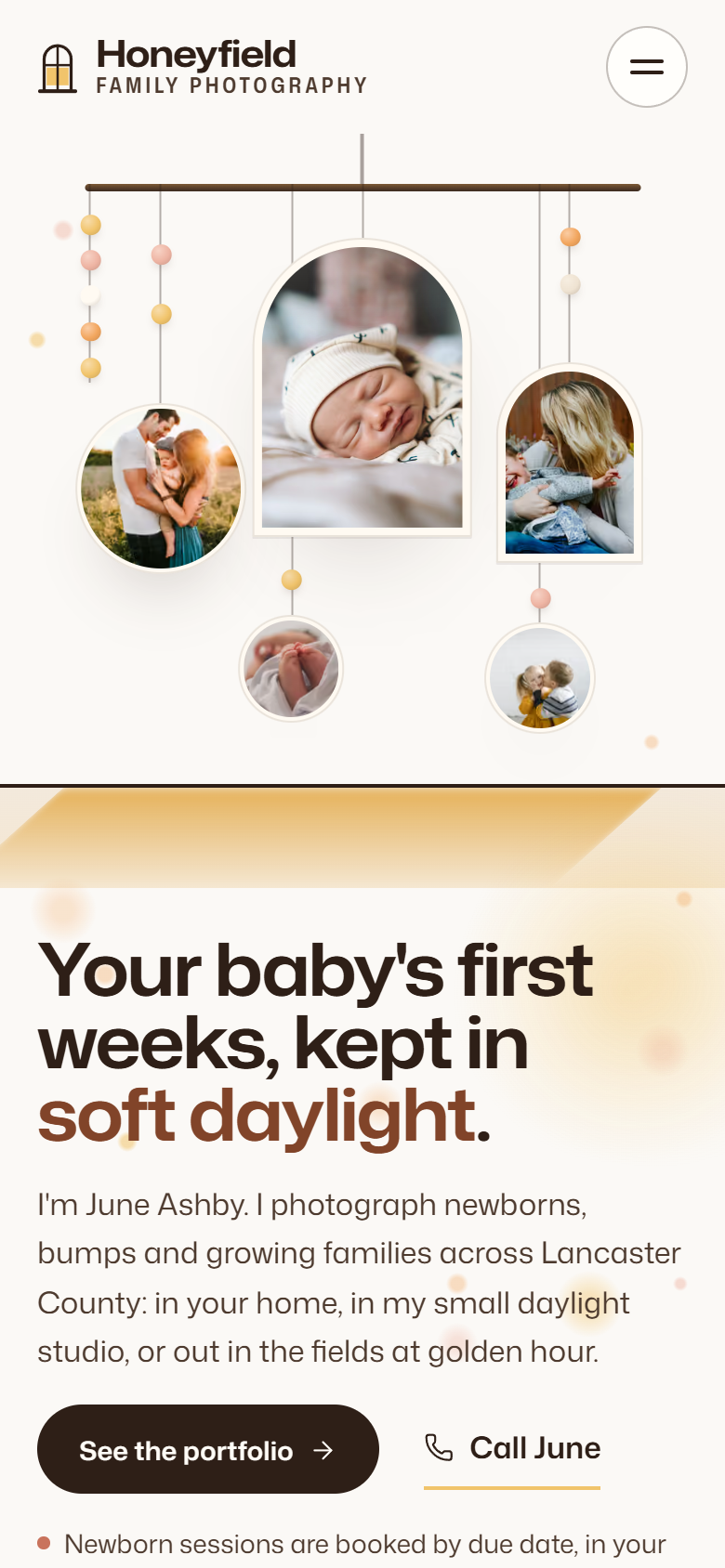 The Honeyfield demo on a phone, with the nursery mobile of photos above the headline.