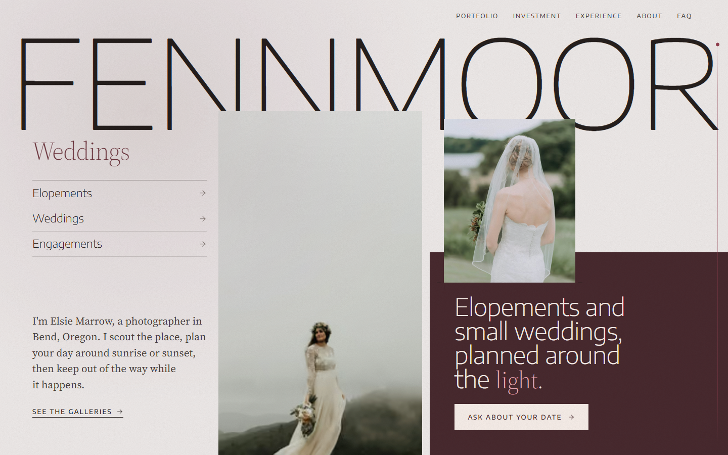 The Fennmoor Weddings demo home page: the name FENNMOOR in tall thin letters, with a bride on a misty hillside and a claret panel reading Elopements and small weddings, planned around the light.